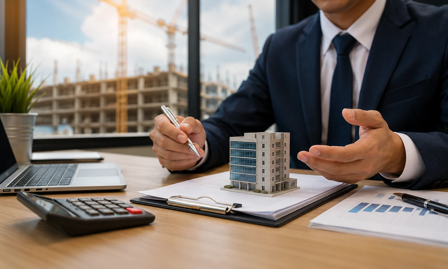 Business consultant explaining commercial loan for building development with construction site background