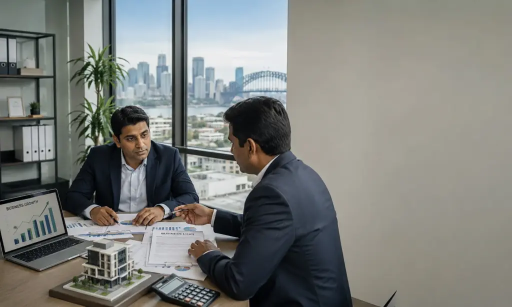 Business owner discussing a business loan on property with a financial advisor in an Australian office.