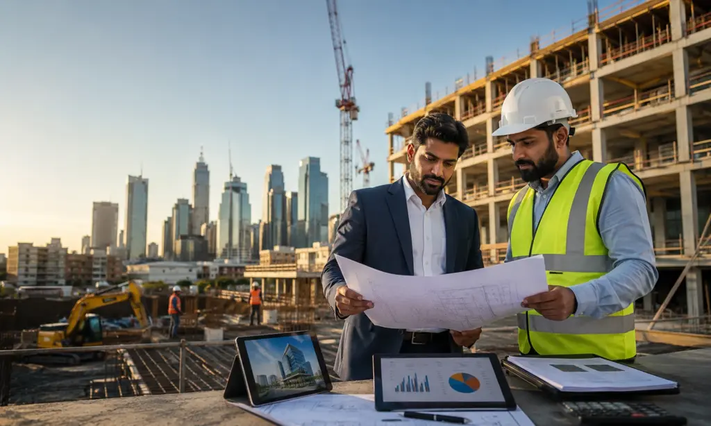 Business owner reviewing plans with a commercial loan for construction at an Australian development site.