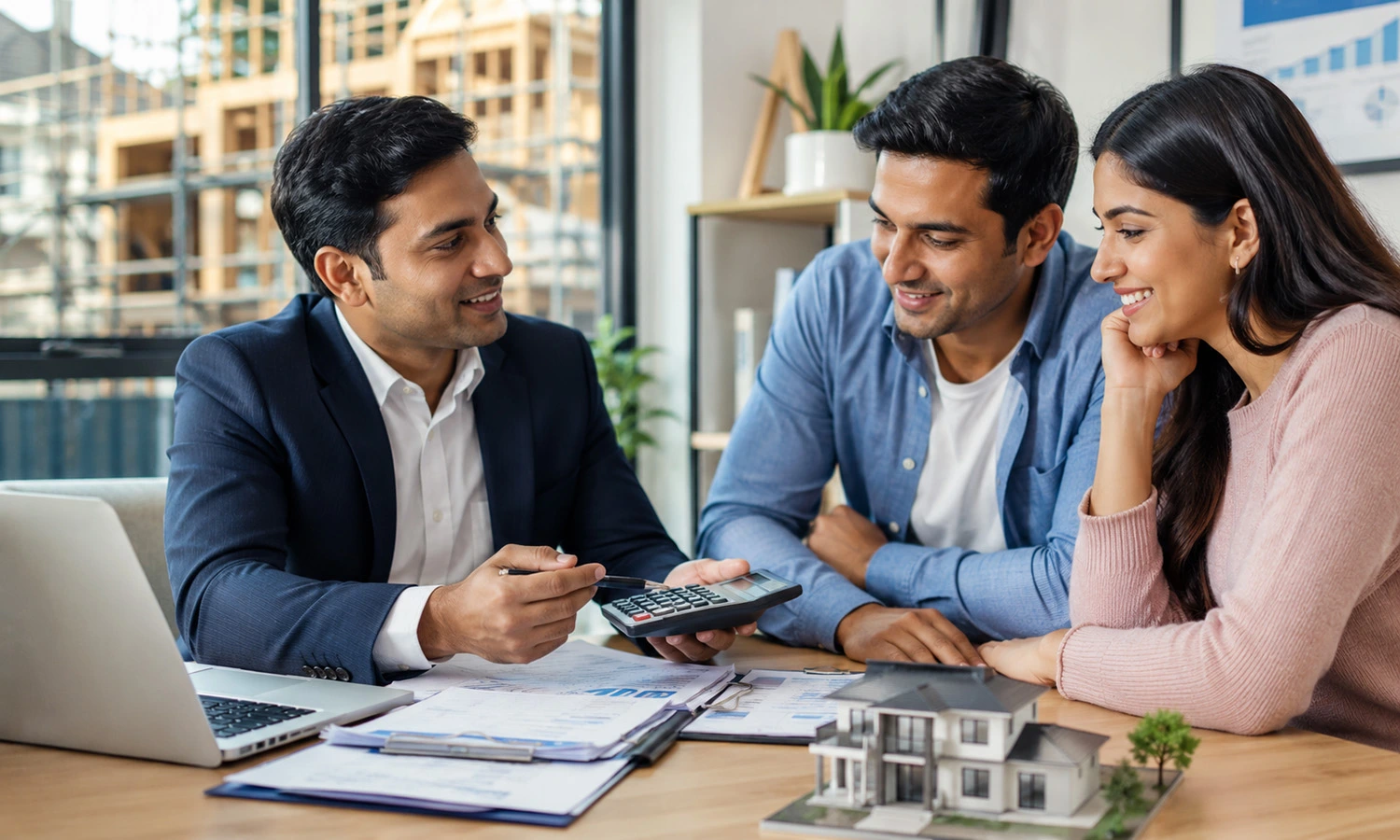 Indian couple discussing construction loan for owner builder with lender and home plans in Australia.
